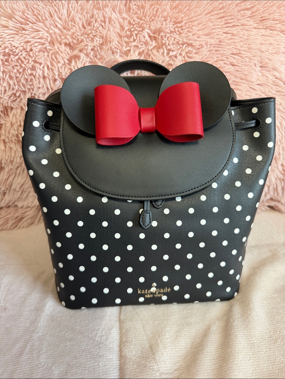 Kate Spade Black and White Polka Dot Minnie Mouse Backpack with Red Bow Detail